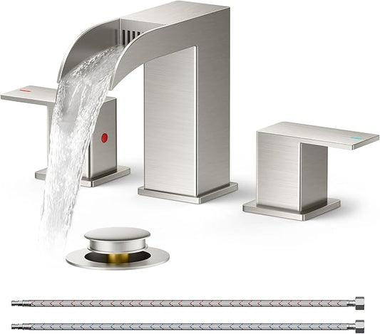 FORIOUS Bathroom Faucets 3 Hole Brushed Nickel, Waterfall 8 Inch Widespread Bathroom Sink Faucet with Metal Pop-up Drain and Supply Lines, Two Handles for Vanity, Lavatory, Restroom