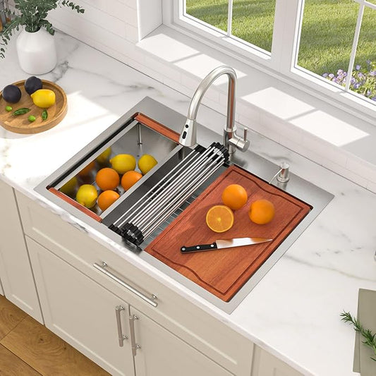 Dcolora 28 Inch Drop In Kitchen Sink With Faucet Topmount Stainless Steel Sink Workstation Single Bowl Round Corner Overmount Basin 28"×22"×10", DC-SFDOE00123