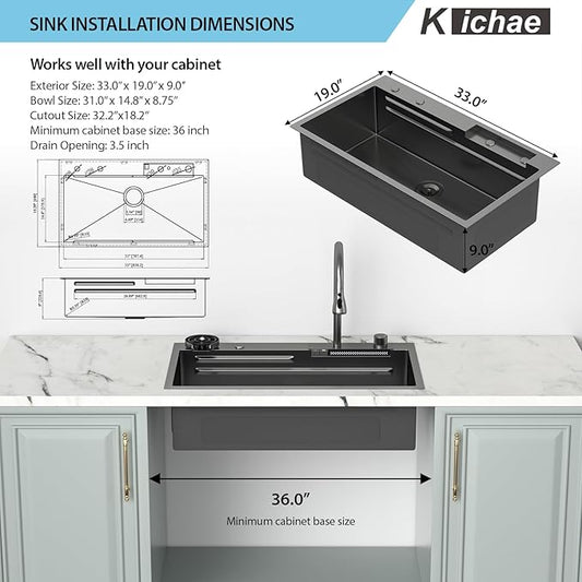 Kichae 33x19 Drop In Kitchen Sink Waterfall - Black Workstation Kitchen Sink Waterfall Stainless Steel 16 Gauge Luxury Handmade Single Bowl Drop Sinks with Faucet Combo & Glass Rinser