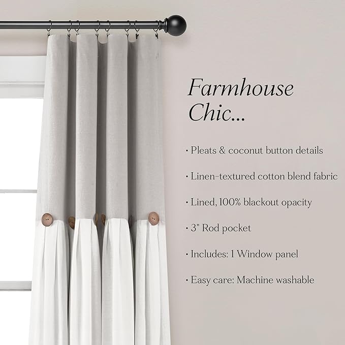 Lush Decor Linen Button Window Curtain Panel, Single, 40" W x 84" L, Gray & White - Country Curtains - Rustic Decor - Color Block Modern Farmhouse Curtains For Living Room, Bedroom & Dining Room