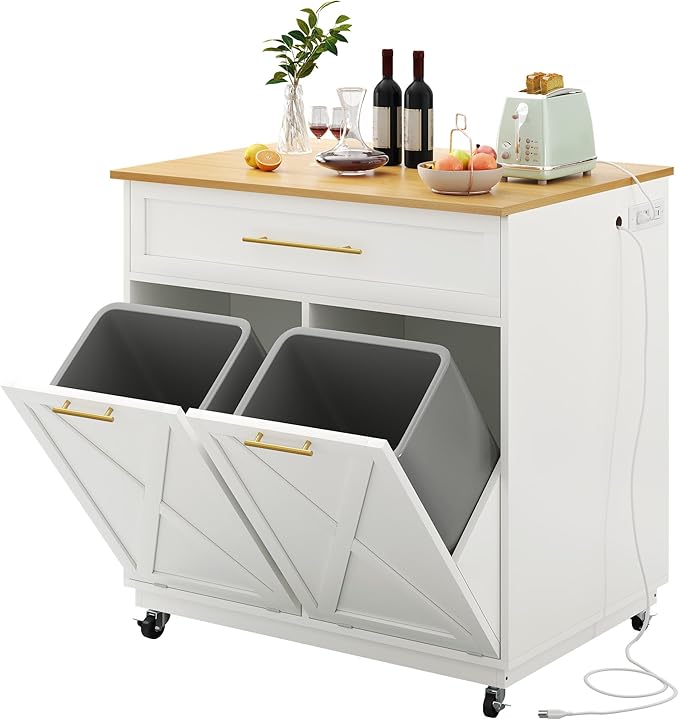 DWVO Kitchen Island with Power Outlet, 40 inch Rolling Island Table with Trash Can Cabinet fits Double 10-Gallon Bin, Square Mobile Storage Islands with Tilt Out Garbage Bin Cabinet, White Oak