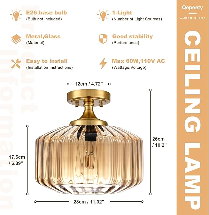 Mid Century Modern Flush Mount Light with Amber Striped Hand-Blown Glass Shade, 11.02" Gold Ceiling Fixture Farmhouse Close-to-Ceiling Lighting for Kitchen Dining Room Hallway