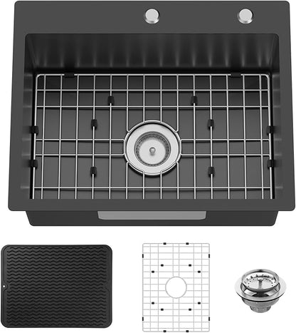 Black 23x18 Inch Drop In Kitchen Sink-Stainless Steel Single Bowl Topmount Kitchen Sink Stylish And Modern Look With Bottom Grid,Silicon Mat And Drain Assembly Add Elegance & Enhance Usability