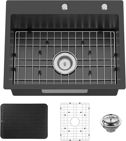 Black 23x18 Inch Drop In Kitchen Sink-Stainless Steel Single Bowl Topmount Kitchen Sink Stylish And Modern Look With Bottom Grid,Silicon Mat And Drain Assembly Add Elegance & Enhance Usability