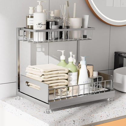 Saydear Under Sink Organizer Storage 2-Tier Premium Metal Pull-Out Kitchen Cabinet Organizer with Sliding Drawer, Height Adjustable, Heavy Duty for Kitchen & Bathroom Organizers 1 Pack Grey