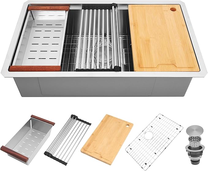 33 Inch Undermount Kitchen Sink, NANO-PVD 304 Stainless Steel Kitchen Sinks, 16 Gauge Deep Single Bowl Workstation Sink with Ledge & Accessories, 33"x19"x9" Deep and Large Basin
