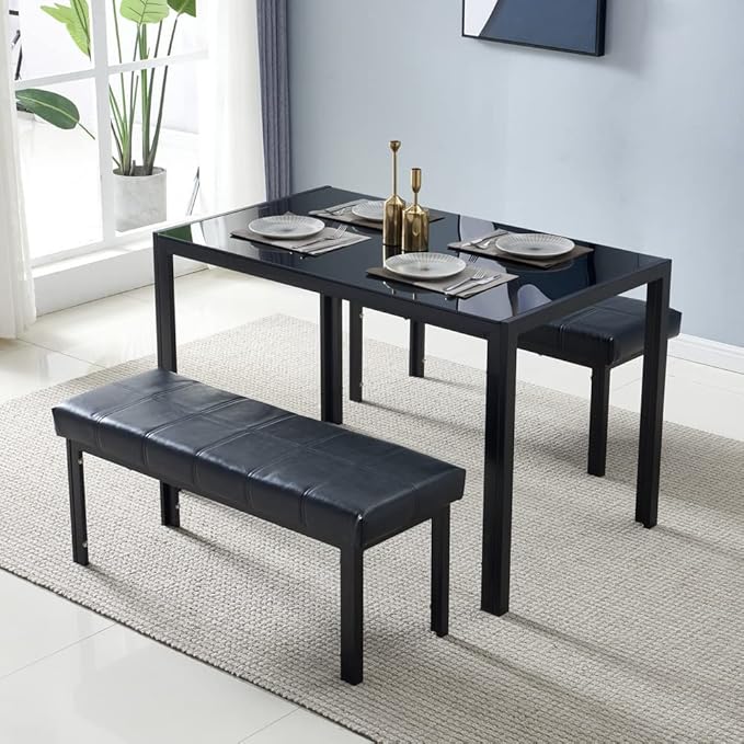 FCH Black Glass Table with Tempered Glass Top, Rectangular Dining Table Set for 4, Place Saving for Apartments & Small Places, for Home & Kitchen & Dining Room, 47", Black