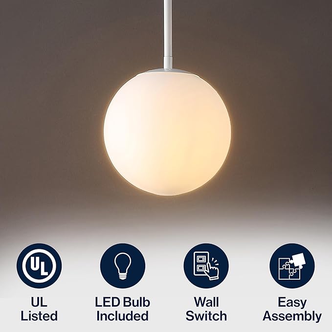 JONATHAN Y 7.75" White Modern Globe LED Pendant Light, Industrial Hanging Ceiling Lamp for Kitchen Island, White Glass Globe Shade, LED Bulb Included (JYL9528E)