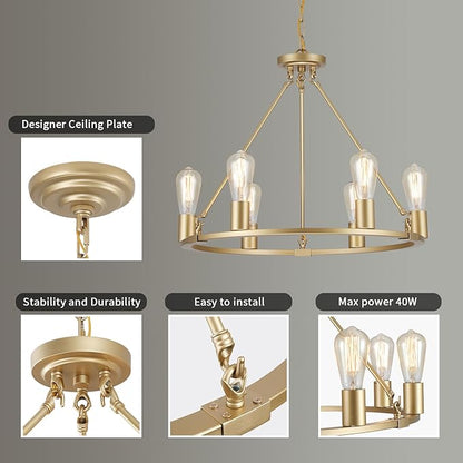 6-Lights Gold Chandelier | Dia 24'' Farmhouse Wagon Wheel Chandelier | Rustic Hanging Dining Room Light Fixture | Apply to Living Room | Kitchen Island | Entryway | Foyer