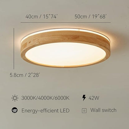 LED Ceiling Light Fixture 15.74, Handcrafted Natural Wood Modern Wabi-Sabi Style, 42W LED 3000K-4000K-6000K, Low Profile Lamp for Bedroom Kitchen Hallway Dining