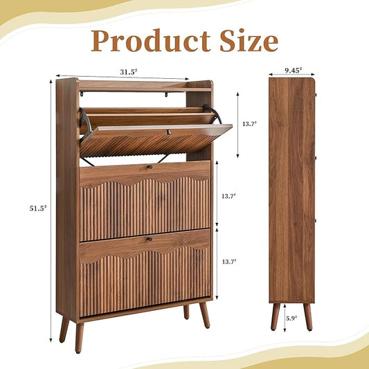 BERRYMERRY Shoe Storage Cabinet for Entryway with 3 Flip Drawers, 51.2” Tall Narrow Shoe Organizer with Wave Panel, Freestanding Wood Hidden Shoe Cabinet for Hallway
