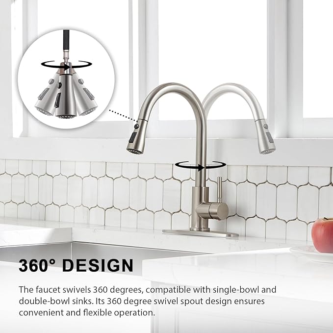 VAPSINT Kitchen Faucet, Brushed Nickel Kitchen Faucet with Pull Down Sprayer, High Arc Single Handle Commercial Stainless Steel Kitchen Sink Faucet 1 or 3 Hole for Farmhouse, RV, Laundry & Bar