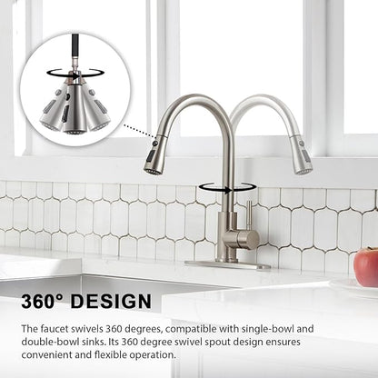 VAPSINT Kitchen Faucet, Brushed Nickel Kitchen Faucet with Pull Down Sprayer, High Arc Single Handle Commercial Stainless Steel Kitchen Sink Faucet 1 or 3 Hole for Farmhouse, RV, Laundry & Bar