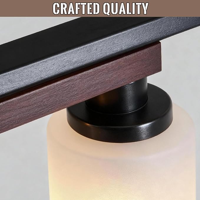 6-Light Kitchen Island Lighting & Farmhouse Dining Room Light Fixtures Over Table, Rustic Wood Linear Chandelier Adjustable Ceiling Hanging Pendant - Rotating Design, Customizable Shapes, Milk Glass