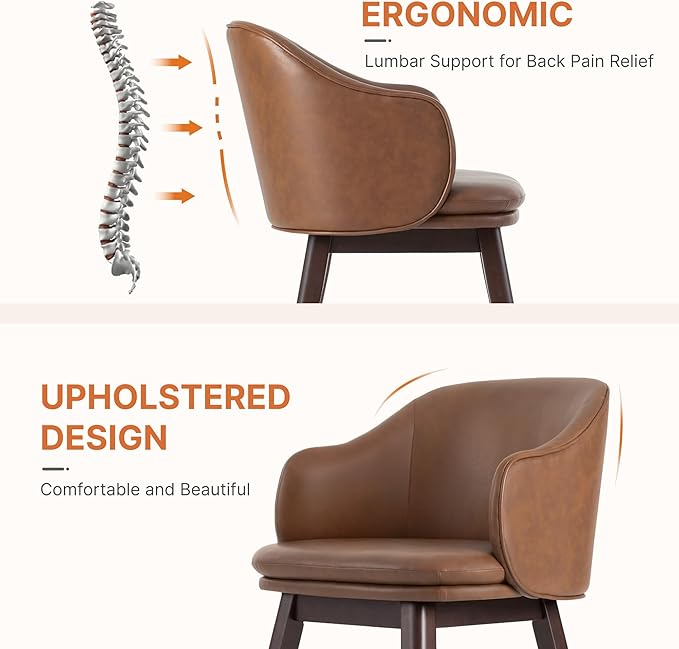 KISLOT Wooden Dining Chairs Set of 2, Faux Leather Upholstered Modern Dining Room Chairs with Barrel Backrest & Double-Layer Thick Cushion for Living Room, Restaurant, Kitchen and Café, Brown