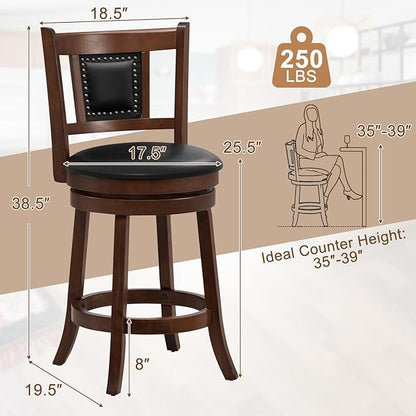 ERGOMASTER Swivel Bar Stools Set of 2-25.5 Inch Counter Height with Footrest, 360° Spin & Extra Wide Seat, Vintage Rubber Wood Frame, 250 lbs Capacity, Kitchen Island Stools for Small Spaces