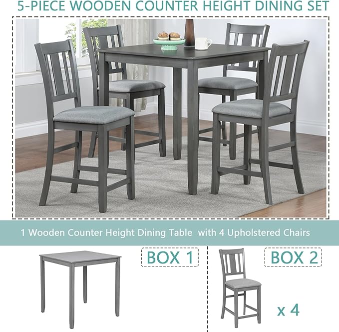 5-Piece Counter Height Solid Wood Dining Table Set for 4, Square Kitchen Table with 4 Upholstered Slatted-Back Chairs, Modern Gray Dining Set for Kitchen and Dining Room
