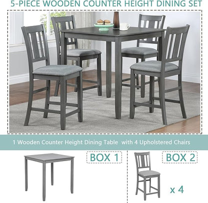 5-Piece Counter Height Solid Wood Dining Table Set for 4, Square Kitchen Table with 4 Upholstered Slatted-Back Chairs, Modern Gray Dining Set for Kitchen and Dining Room