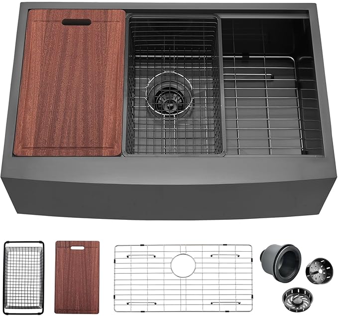 33 Black Farmhouse Sink Unsermount, Dorzom 33x22x10 Inches Farmhouse Kitchen Sink Black Stainless Steel Apron Front Sink with Workstation Ledge Under Mount 16 Gauge Single Bowl Kitchen Sink