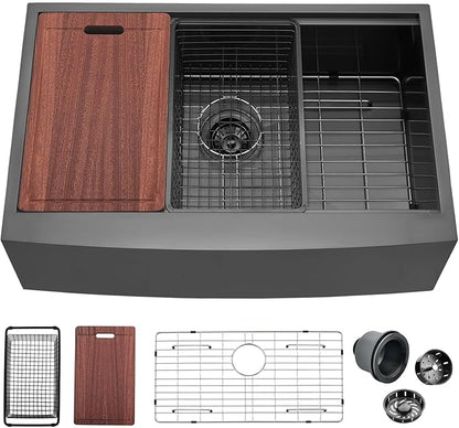 33 Black Farmhouse Sink Unsermount, Dorzom 33x22x10 Inches Farmhouse Kitchen Sink Black Stainless Steel Apron Front Sink with Workstation Ledge Under Mount 16 Gauge Single Bowl Kitchen Sink
