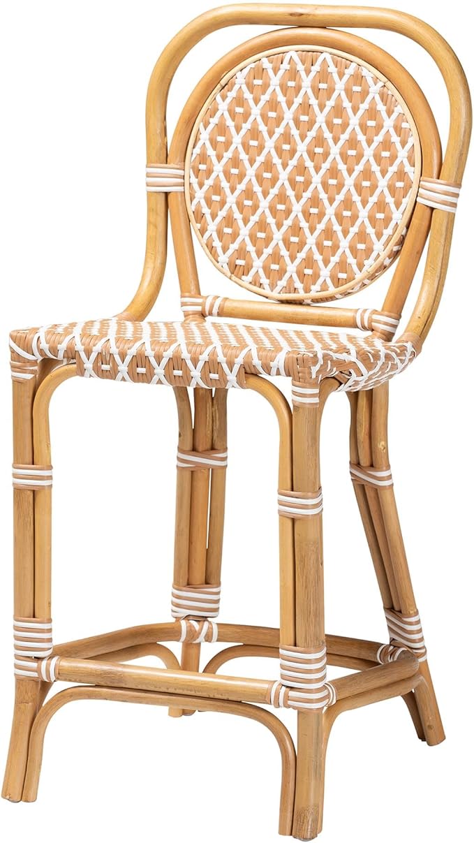 Bali & pari Mattie Rattan Bistro Counter Stool - Handwoven Accent Seating with Backrest for Kitchen Island or Indoor/Outdoor Lounge, Honey Natural & White