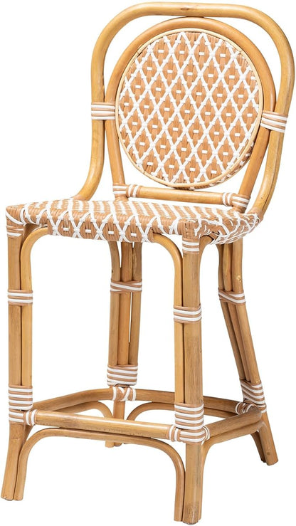 Bali & pari Mattie Rattan Bistro Counter Stool - Handwoven Accent Seating with Backrest for Kitchen Island or Indoor/Outdoor Lounge, Honey Natural & White