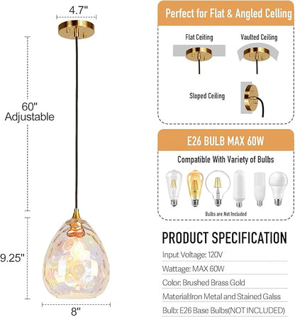 Gold Pendant Lighting with Stained Hammered Glass Shade, 1-Light Art Deco Hanging Lamp for Kitchen Island, Dining Room, Bedroom (Colorful Glass Shade)