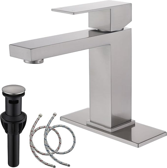 Single Hole Bathroom Faucet, AmirLans Stainless Steel Brushed Nickel Bathroom Faucet with Pop Up Stopper, Bathroom Sink Faucet AML-1141-BN