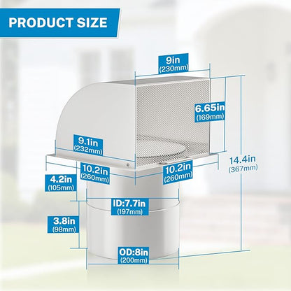 [Upgraded] Hon&Guan 8 Inch Hooded Wall Vent with Magnetic Seal Flap and Removable Mesh,Arc-Shaped 8'' Exhaust Wall Vent Cover Cap for Kitchen Range Hood/Dryer/Bathroom Exhaust (Galvanized Steel,White)