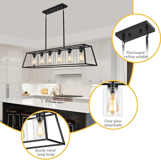 Rectangle Chandeliers for Dining Room | 6-Lights Black Dining Room Light Fixture with Clear Glass Shade | Apply to Kitchen Chandeliers Over Table