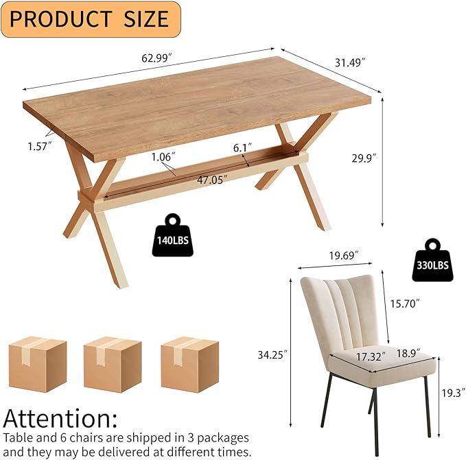 HIPIHOM 63 Inch Dining Table Set with Dining Chairs for 4, MDF Kitchen Table with Heat & Scratch Resistance, Sturdy Metal Legs, for Family Gatherings