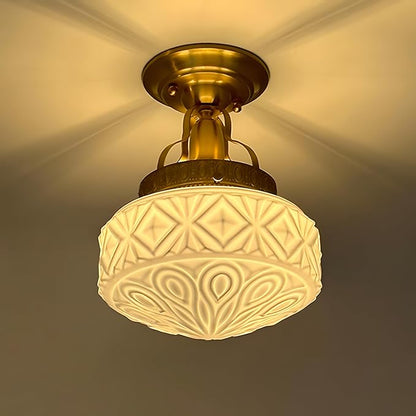 Bofea-Gold Semi Flush Mount Ceiling Light,Brass Vintage Flush Mounted Ceiling Lighting with Milk White Glass Shade, Mid-Century Style Ceiling Light Fixture for Hallway Foyer Loft Bathroom Bedroom. (A)