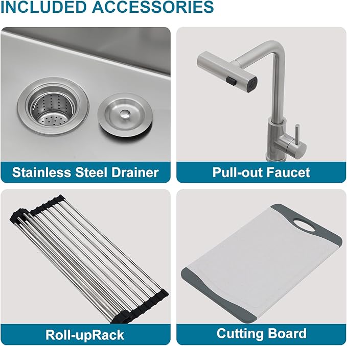 21 Inch Drop In Outdoor Kitchen Sink Bar Prep Sink Workstation 16 Gauge Stainless Steel Single Bowl Small Sinks With Pull-out Faucet 21"x20"x9"