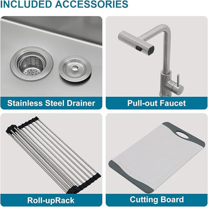21 Inch Drop In Outdoor Kitchen Sink Bar Prep Sink Workstation 16 Gauge Stainless Steel Single Bowl Small Sinks With Pull-out Faucet 21"x20"x9"