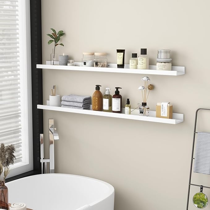Picture Ledge Shelf for Wall, 48 inch Solid Pine Wood Nursery Book Shelves 2 Packs, Floating Ledge Shelves for Kids' Room Bedroom Bathroom Living Room Photo Frames Office Nursey Wall Decor, White