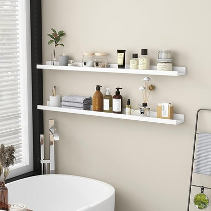 Picture Ledge Shelf for Wall, 48 inch Solid Pine Wood Nursery Book Shelves 2 Packs, Floating Ledge Shelves for Kids' Room Bedroom Bathroom Living Room Photo Frames Office Nursey Wall Decor, White