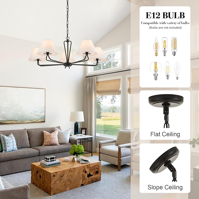 VILUXY Black Farmhouse Chandelier 5-Light Modern Chandelier with White Fabric Shade 35’’ Large Dining Room Light Fixture Adjustable Pendant Lighting for Kitchen Island Living Room, UL Listed