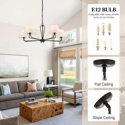 VILUXY Black Farmhouse Chandelier 5-Light Modern Chandelier with White Fabric Shade 35’’ Large Dining Room Light Fixture Adjustable Pendant Lighting for Kitchen Island Living Room, UL Listed
