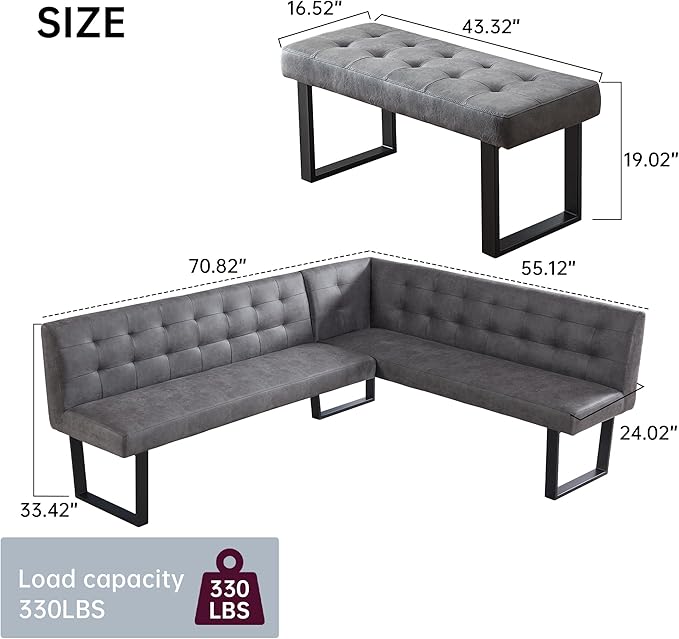 HIPIHOM Modern L-Shaped Dining Bench, Vintage Fabric Upholstered Corner Sofa with Metal Legs for Kitchen Nook, Living Room, Dining Room (Left Seat)