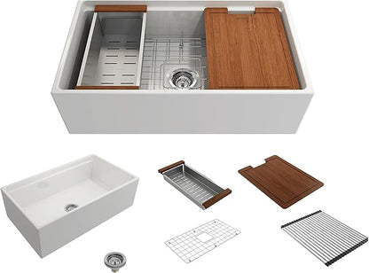 BOCCHI Contempo Workstation Apron Front Step Rim Fireclay 33 in. Single Bowl Kitchen Sink with Accessories in White