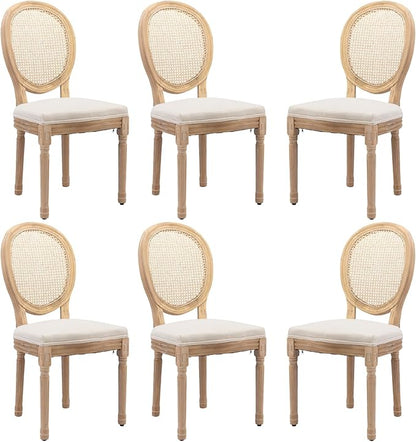 Linen Wooden Dining Chair Set of 6, Upholstered Farmhouse Dining Chair with Solid Wood Frame, Kitchen & Dining Room Chairs for Living Room, Restaurant, Bedroom (Beige-Rattan, Set of 6)