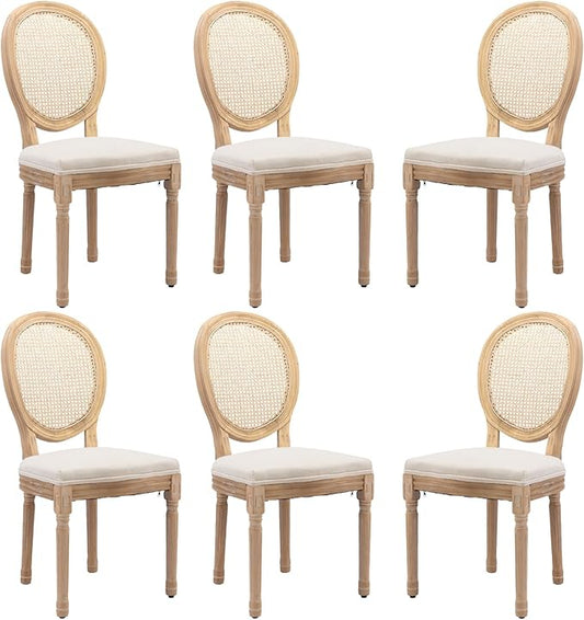 Linen Wooden Dining Chair Set of 6, Upholstered Farmhouse Dining Chair with Solid Wood Frame, Kitchen & Dining Room Chairs for Living Room, Restaurant, Bedroom (Beige-Rattan, Set of 6)