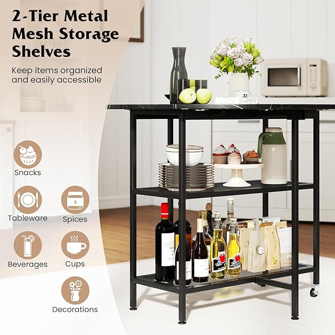 Giantex 40" Folding Dining Table with Lockable Wheels, Storage Shelves, Space-Saving Drop Leaf, Movable & Expandable Round Kitchen Table for Dinette Small Place Apartment Living Room (Black)