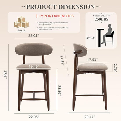 Upholstered Counter Height Bar Stools Set of 6, Kitchen Island Stools with Back, Modern Counter Stools Island Bar Chairs with Wood Legs for Kitchen Island Dining Room Bar, Camel
