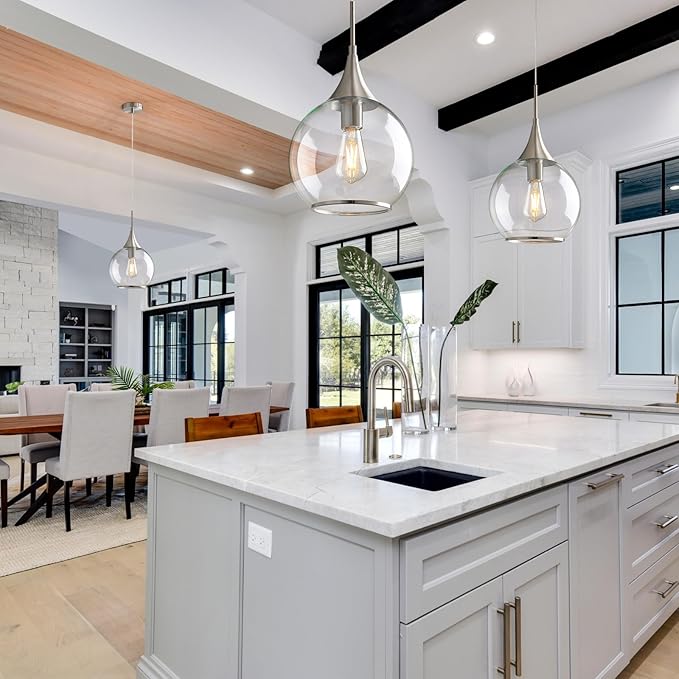 Pendant Lights Kitchen Island: 3 Pack Brushed Nickel Light Fixture Modern with Clear Glass - 10 Inch Mid Century Globe Kitchen Lighting Fixtures Ceiling for Bar
