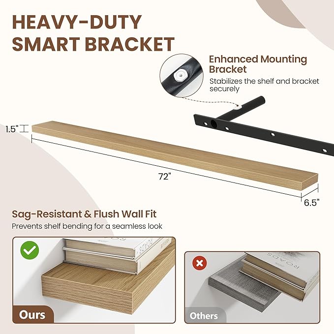 Acovy 72 Inch Floating Shelves for Wall 2 Pack, 72" Wall Shelves for Books, Storage, Decor, Wall Mounted Floating Shelf with Invisible Brackets for Kitchen, Living Room, Oak