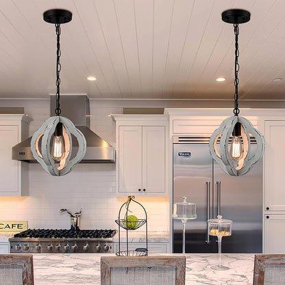 SAMTEEN Farmhouse Wood Pendant Light Distressed White Wood Chandelier Lighting with Adjustable Chain Wooden Hanging Light Fixtures for Kitchen Island Dining Room Bedroom