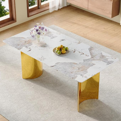 gopop Modern Dining Table for 6,71'' Faux Marble Kitchen Table with Gold Stainless Steel Base,Rectangular Gold Dinner Table Ideal for Kitchen Home Office