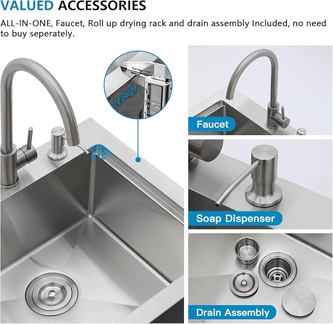 24"x22" Drop In Outdoor Kitchen Sink Workstation – 16 Gauge 304 Stainless Steel Top Mount Bar Prep Sink with Faucet Combo & Dust Lid for BBQ, RV, Camper, Garden, Utility Use