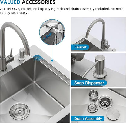 24"x22" Drop In Outdoor Kitchen Sink Workstation – 16 Gauge 304 Stainless Steel Top Mount Bar Prep Sink with Faucet Combo & Dust Lid for BBQ, RV, Camper, Garden, Utility Use